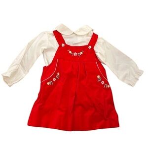 Vintage Overall Dress Red White Embroidered Floral 4T